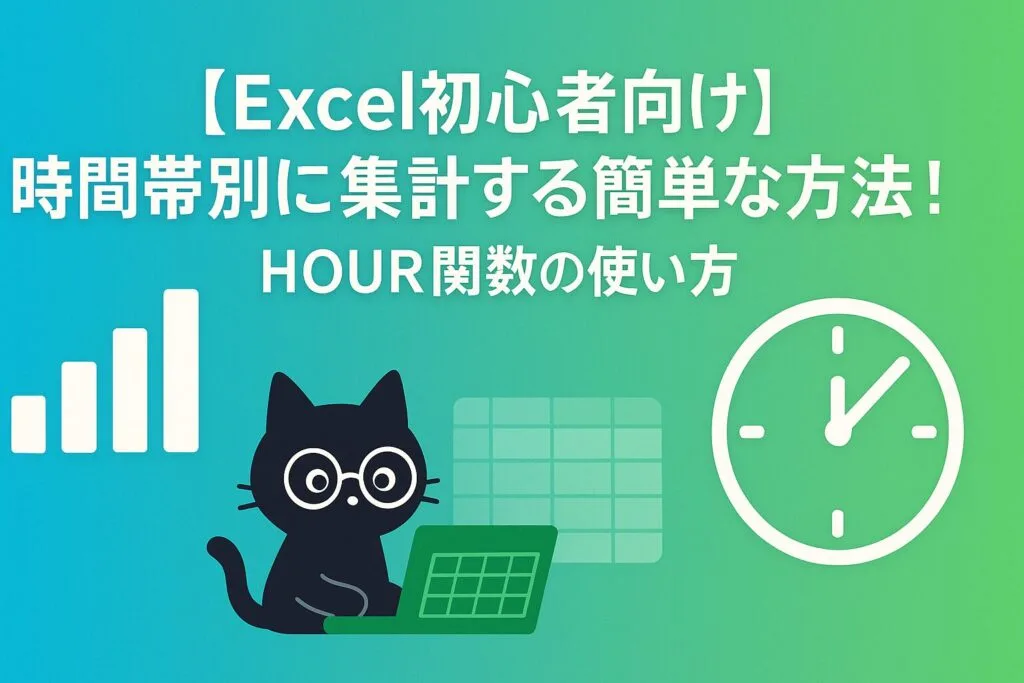 【Excel初心者向け】時間帯別に集計する簡単な方法！HOUR関数の使い方 - 青と緑のグラデーション背景に時計とグラフのアイコン、黒猫キャラクター付き
