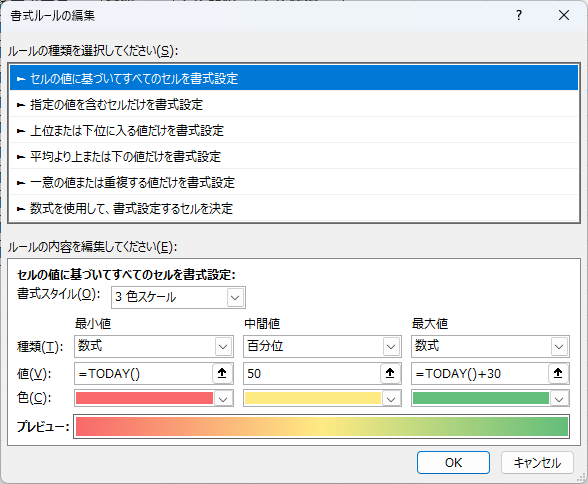 支払期限(D列)のカラースケール設定