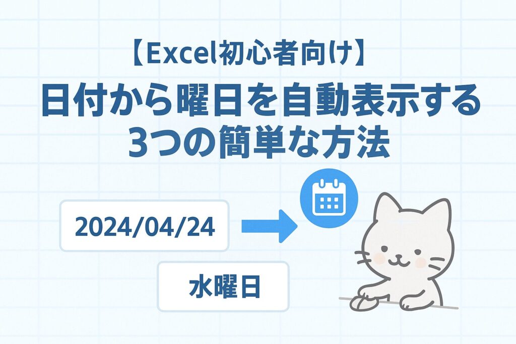 【Excel初心者向け】日付から曜日を自動表示する3つの簡単な方法を解説するアイキャッチ画像。グリッド状の背景に日付と曜日の関係を示す矢印とアイコンが配置され、右下に可愛い猫のキャラクターがマウスを操作している様子が描かれています。