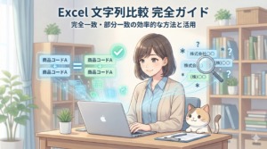 Excel 文字列比較 完全ガイド：完全一致・部分一致の効率的な方法と活用。ノートパソコンで作業する女性と猫のイラスト。完全一致（イコール記号）と部分一致（ワイルドカードと虫眼鏡）のイメージ図解