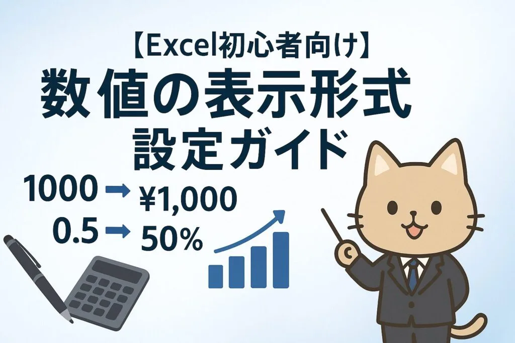 Excel初心者向け数値の表示形式 設定ガイドのアイキャッチ画像。淡いブルーのグラデーション背景に「【Excel初心者向け】数値の表示形式 設定ガイド」の文字が大きく表示され、数字の変化（1000→¥1,000や0.5→50%）を表現する図形とビジネスアイコンが配置されています。右下にはビジネススーツを着た可愛い猫のキャラクターが教える様子が描かれています。