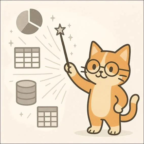 スピル機能が、一つの数式から複数の結果が魔法のように放出されるイメージ。猫のキャラクターが魔法の杖を振って、複数の結果を生み出している様子。効率化、自動化のメリットを視覚的に表現。