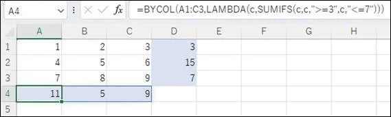 ExcelのBYCOL関数とLAMBDA関数、SUMIFS関数を組み合わせて列方向にスピルする例。A4セルに「=BYCOL(A1:C3,LAMBDA(c,SUMIFS(c,c,">=3",c,"<=7")))」と入力され、各列の条件に合う値が4行目に合計されている。