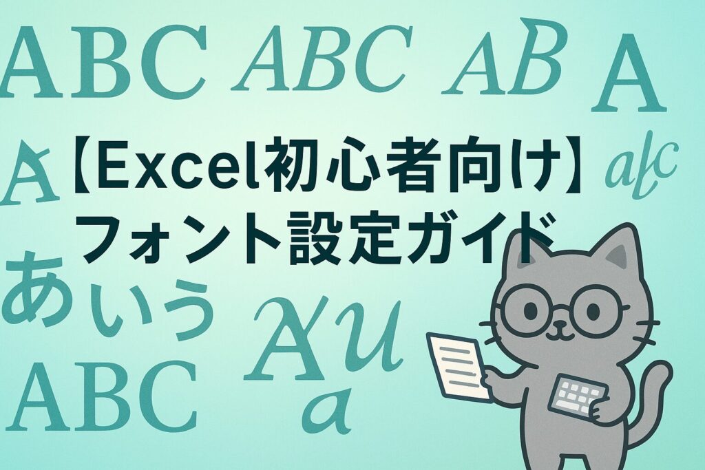 Excel初心者向けフォント設定ガイドのアイキャッチ画像。淡いブルーのグラデーション背景に「【Excel初心者向け】フォント設定ガイド」というタイトルが大きく表示され、様々なフォントスタイルと大きさの文字が散りばめられています。画像の隅に可愛い灰色の猫のキャラクターがメガネをかけ、小さなキーボードを持っています。