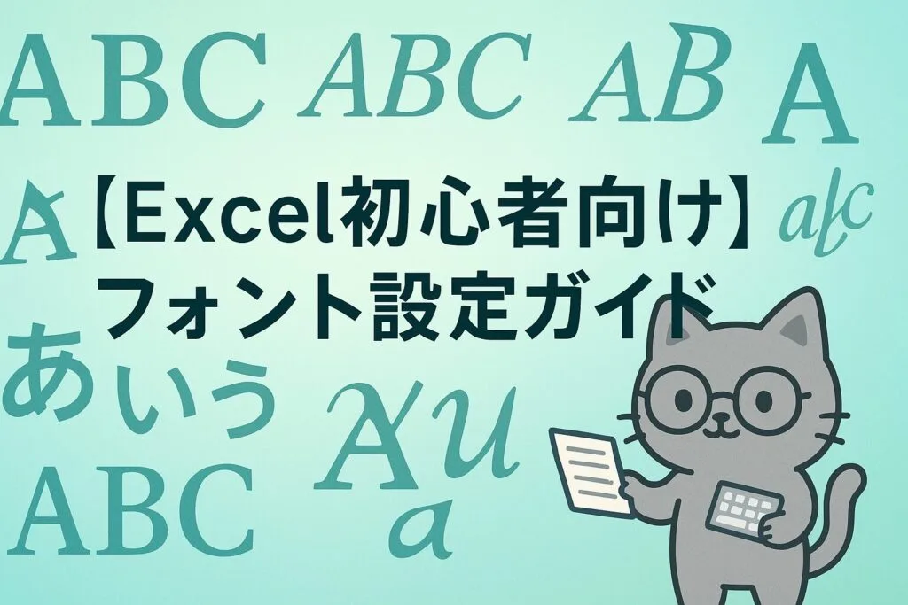Excel初心者向けフォント設定ガイドのアイキャッチ画像。淡いブルーのグラデーション背景に「【Excel初心者向け】フォント設定ガイド」というタイトルが大きく表示され、様々なフォントスタイルと大きさの文字が散りばめられています。画像の隅に可愛い灰色の猫のキャラクターがメガネをかけ、小さなキーボードを持っています。