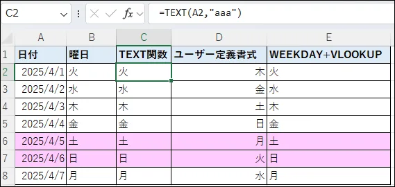 Excelで日付に対応した曜日が自動表示されているサンプル表