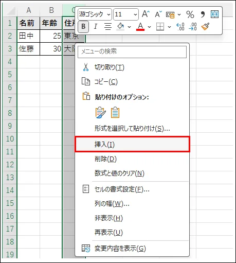 右クリックで表示されたメニュー、挿入オプションがハイライト