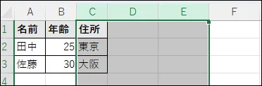 Excel列見出しC列からE列まで3列が同時選択された状態