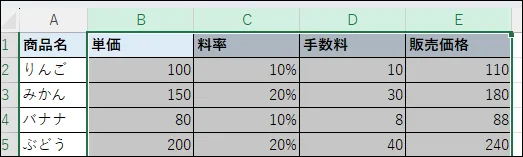 B列からE列まで選択されている状態のスクリーンショット