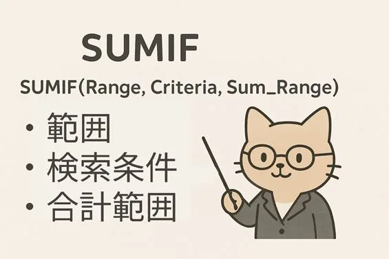SUMIF関数の構文要素（範囲、検索条件、合計範囲）を示す図と解説する猫のキャラクター
