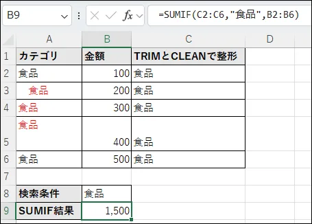 CLEAN関数とTRIM関数でスペースと改行に対処する例