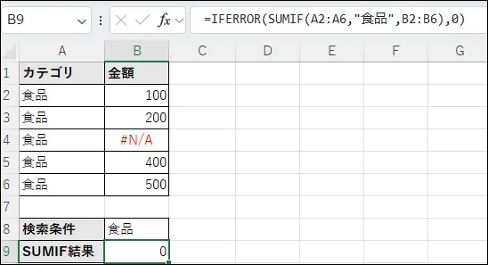 SUMIF関数の範囲にエラー値が含まれることで関数全体がエラーになる問題にISERROR関数を使って対処する例。エラーがあれば0になる。=IFERROR(SUMIF(A2:A6,"食品",B2:B6),0)