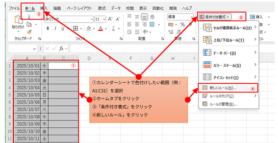 条件付き書式の設定開始手順を示す画像。カレンダーのA1:C31を選択し、ホームタブから「条件付き書式」→「新しいルール」に進むための赤線と番号(1〜4)が付記されている。