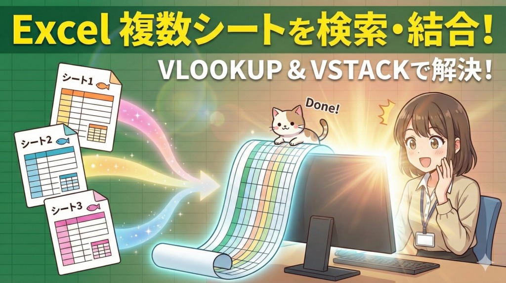 PC画面を見て驚き喜ぶ女性と、完了のポーズをとる猫のアニメ調イラスト。左側にある「シート1」「シート2」「シート3」の3つの表が、光の帯となって1つの長いリストに結合される様子が描かれている。画像内のタイトル文字:「Excel 複数シートを一瞬で結合! VLOOKUP & VSTACKで解決!」