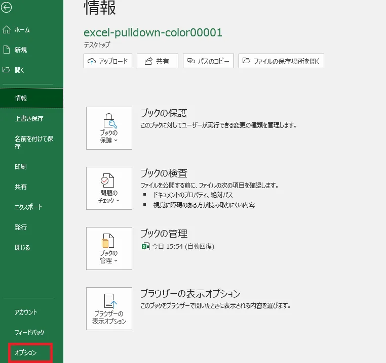Excelホームより、詳細オプションを起動