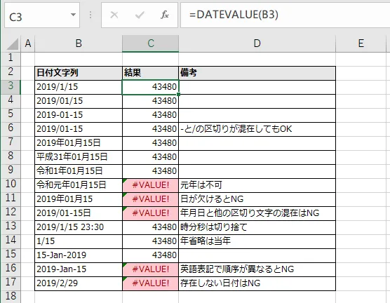 DATEVALUE関数の実行例。正常ケース、形式混在ケース、形式不正ケースなど