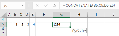 数値をCONCATENATE関数で連結する文字列に変換して連結される