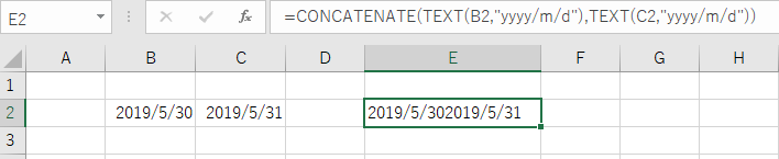 TEXT関数で文字列に変換してからCONCATENATE関数で連結