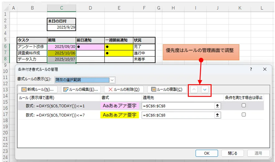 Excelの「条件付き書式ルールの管理」ダイアログボックスのスクリーンショット。ルールの上下の移動ボタン（矢印）を使い、優先度を調整できることが示されている。前日通知のルール（<=1）を一週間前（<=7）のルールより上に配置する必要があることを示唆している。
