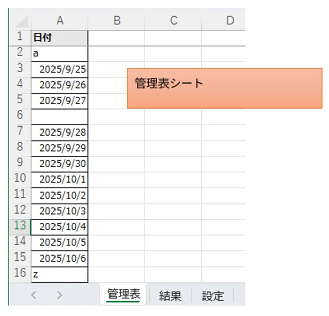 VBAリマインダー機能付きExcelファイルの「管理表」シートのスクリーンショット。日付データがA列に並んでいる。

