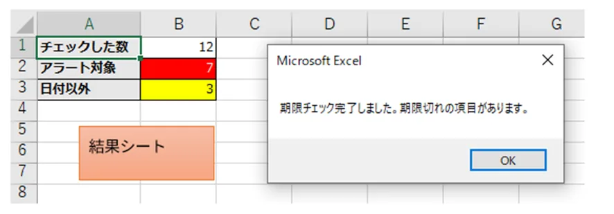 Excelを開いた際に表示されるポップアップアラートのスクリーンショット。「期限チェック完了しました。期限切れの項目があります。」というメッセージが表示されている。右下には「OK」ボタンがある。
