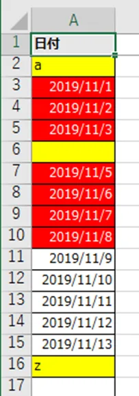 VBAチェック後のExcel「管理表」シートのスクリーンショット。A列の日付データに対し、期限切れの項目が赤色背景、日付以外のデータが黄色背景で強調表示されている。
