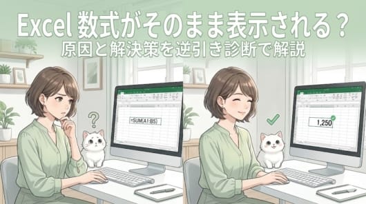 エクセルで数式がそのまま表示されるトラブルの解決策を解説するアイキャッチ画像。上部には「Excel 数式がそのまま表示される？ 原因と解決策を逆引き診断で解説」という見出し。左側には数式のまま表示された画面を見て困惑する女性と猫、右側には問題が解決して微笑む女性と猫が描かれたアニメ調のイラスト。