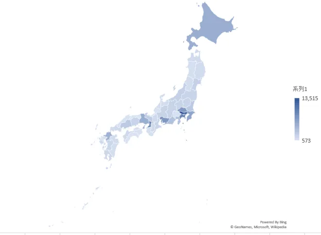 人口が多いほど、色が濃くなる表現