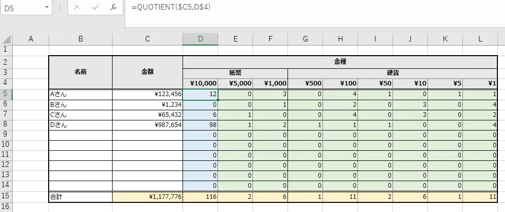 金種表。一万円札の枚数計算