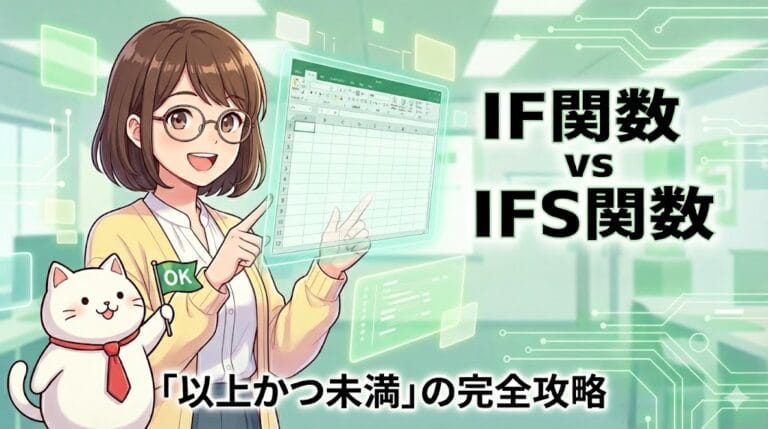 アニメスタイルで描かれた、Excelの「IF関数」と「IFS関数」の比較、および「以上かつ未満」の条件設定を解説するコンテンツのサムネイル画像。眼鏡をかけた女性キャラクターが、空中に浮かぶ透明なスプレッドシート画面を笑顔で指差し、その隣でネクタイをした白い猫のキャラクターが「OK」と書かれた緑の旗を持っている。背景は回路図が光るデジタルなオフィス空間。右側に大きな文字で「IF関数 vs IFS関数」、下部に「『以上かつ未満』の完全攻略」というタイトルが配置されている。