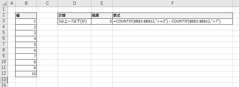 〇〇以上（より多い）～〇〇以下（より少ない）。単独条件判定(SUMIF関数など)の場合