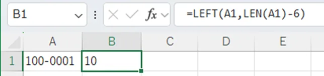 数式バーに表示されている =LEFT(A1, LEN(A1)-6) によって実行されています。この数式は、以下のステップで動作します。

LEN(A1): まず、LEN関数がセルA1にある 100-0001 という文字列の長さを計算し、8 という数値を返します。

LEN(A1)-6: 次に、その長さから 6 を引くことで、2 という値が算出されます。

LEFT(A1, 2): 最後に、LEFT 関数がセルA1の文字列の左側から 2文字 を抽出します。

その結果、セルB1には 10 という文字列が正確に表示されています。この数式は、元の文字列の右端から6文字を削除した結果を返します。