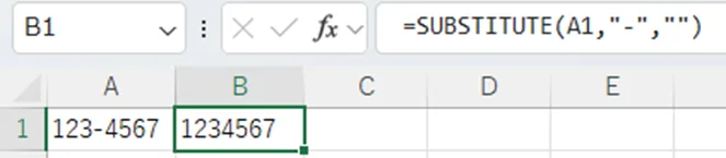 数式バーに表示されている =SUBSTITUTE(A1, "-", "") という関数によって実行されています。

SUBSTITUTE 関数は、文字列内の特定の文字を指定した文字に置き換えることができます。この数式は以下の要素で構成されています。

A1: 置き換えの対象となる文字列があるセル。この場合、123-4567 です。

"-": 置き換えたい特定の文字。ハイフンを指定しています。

"": 置き換え後の文字。空の文字列を指定することで、ハイフンを実質的に削除します。

その結果、セルB1にはハイフンが取り除かれた 1234567 という文字列が正確に表示されています。