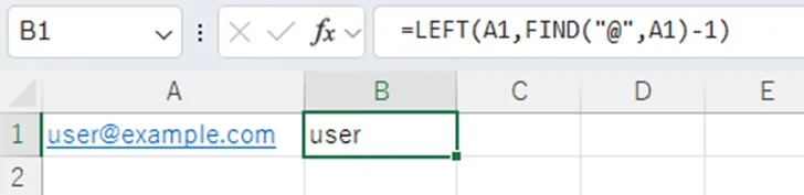 数式バーには =LEFT(A1, FIND("@", A1) - 1) と表示されています。これは、以下の2つのステップで機能します。

アットマークの位置を特定する:
まず、FIND("@", A1) が実行され、セルA1にある文字列 user@example.com の中で、アットマーク @ が最初に現れる位置を特定します。この場合、アットマークは5文字目にあるため、5 という数値が返されます。

左から文字列を抽出する:
次に、この位置情報から 1 を引いた数（5 - 1 = 4）が計算され、LEFT 関数に渡されます。LEFT(A1, 4) は、A1の文字列の左側から 4文字 を抽出します。

その結果、セルB1には user というユーザー名部分が正確に表示されています。この方法は、アットマークの位置が固定されていない文字列に対しても動的に対応できるため、非常に便利です。