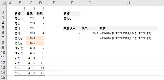 集計項目に列番号を使用する例