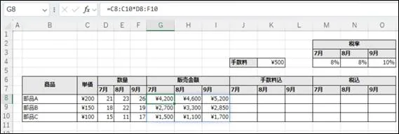 ExcelのG8セルの数式バーに『=C8:C10*D8:F10』と入力されたスクリーンショット。数式の計算結果がG8からI10の複数セル範囲に自動的にスピル(拡張)されて表示されており、スピル機能による一括計算の結果を示している。