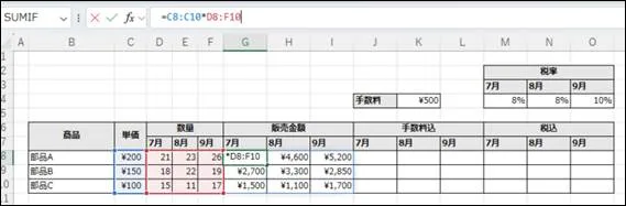 ExcelのG8セルの数式バーに『=C8:C10*D8:F10』と入力されたスクリーンショット。数式の計算結果がG8からI10の複数セル範囲に自動的にスピル(拡張)されて表示されており、スピル機能による一括計算の結果を示している。