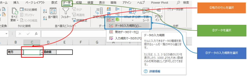 メニューの「データ」、「データの入力規則」の位置