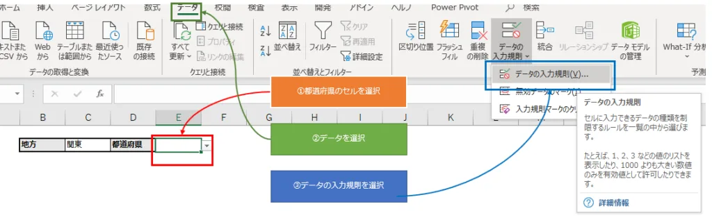 都道府県の入力セルを選択し、メニューの「データ」より「データの入力規則」を選択