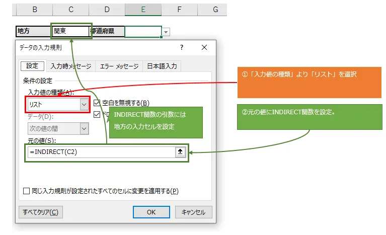 データの入力規則にINDIRECT関数を設定