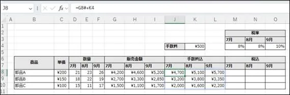 ExcelのJ8セルの数式バーに『=G8#+K4』と入力されたスクリーンショット。販売金額のスピル範囲『G8#』と手数料のK4セルが参照され、計算結果がJ8からL10の複数セル範囲に自動的にスピルされている状態を示している。