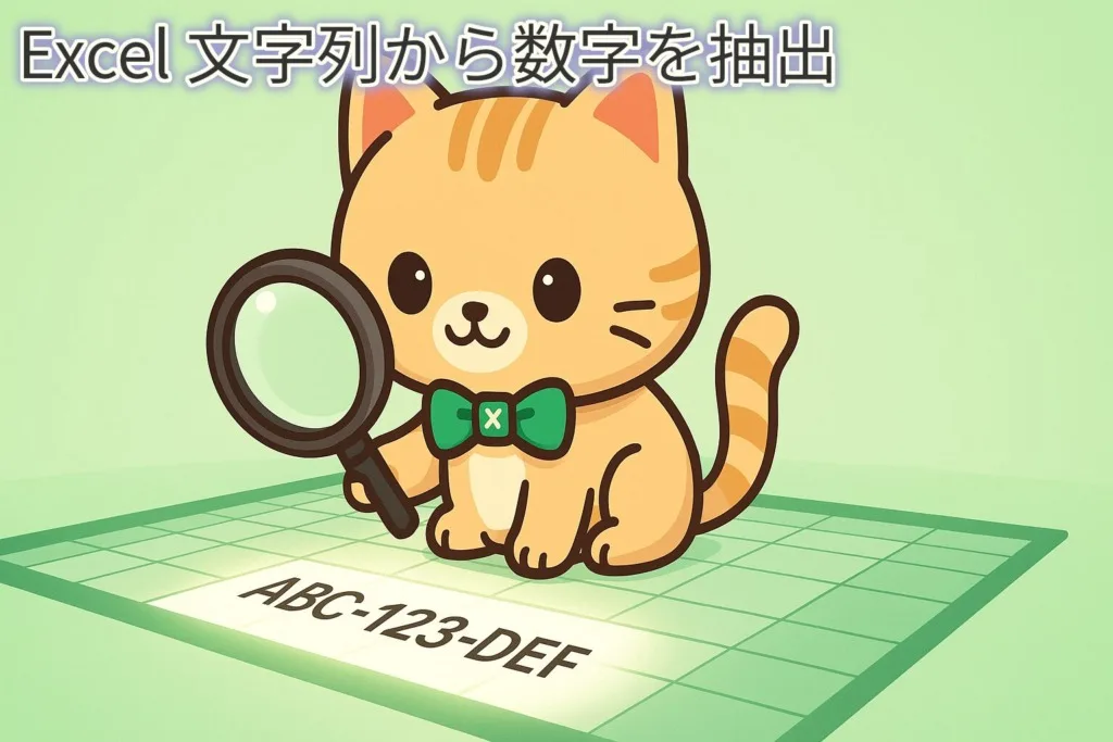 緑色の蝶ネクタイをつけた可愛らしい猫が、虫眼鏡で「ABC-123-DEF」と書かれたExcelのセルの文字列を調べているイラスト。「Excel 文字列から数字を抽出」というテキストが上部に配置されている。