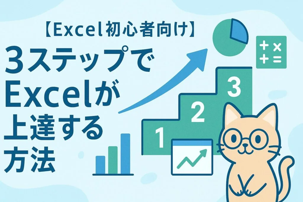 3段階のステップが矢印で繋がり、Excel初心者から上級者への成長を表現。メガネをかけた可愛い猫のキャラクターが見守る「Excel上達法」のイメージ画像