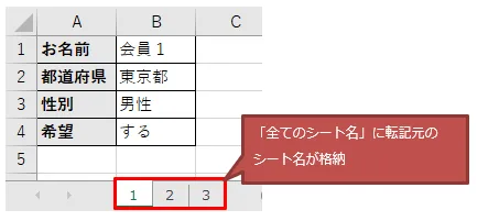 変数「全てのシート名」の中に転記元Excelのシート名が格納される図解