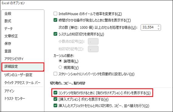Excelのオプションの詳細設定画面。「コンテンツを貼り付けるときに［貼り付けオプション］ボタンを表示する」のチェックボックスにチェックが入っていることが赤枠で示されている。