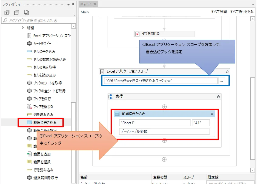 「Excel アプリケーション スコープ」の中に「範囲に書き込み」をドラッグする図解