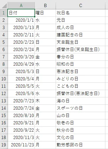 指定シートにDataTable変数の中身(祝日一覧)が転記されたキャプチャ