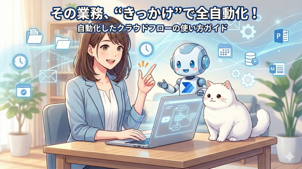 「その業務、“きっかけ”で全自動化!自動化したクラウドフローの使い方ガイド」。Power Automateのロゴ入りロボットと女性が、メール、スケジュール、ファイル、データベースなど様々な業務アイコンが自動連携して流れる様子を指し示しているアニメーションイラスト。