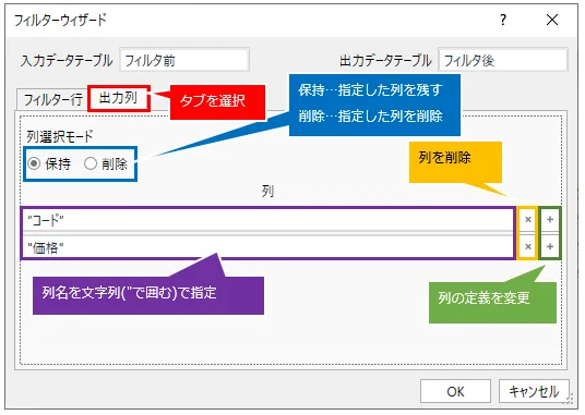 フィルターウィザード。出力列の操作方法