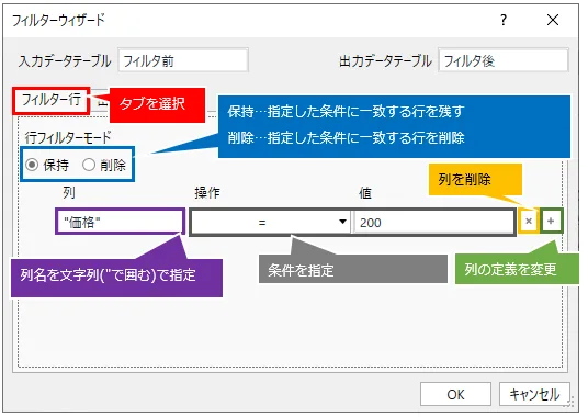 フィルターウィザード。フィルター行の操作方法